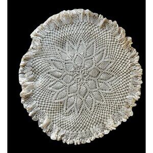 Hand Crocheted Doily Centerpiece 23" Diameter Ruffled Edge White Cotton Wedding
